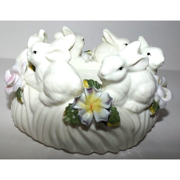 Pillar Candle Holder Porcelain bunnies flowers Easter Rabbit Spring - Picture 5 of 8